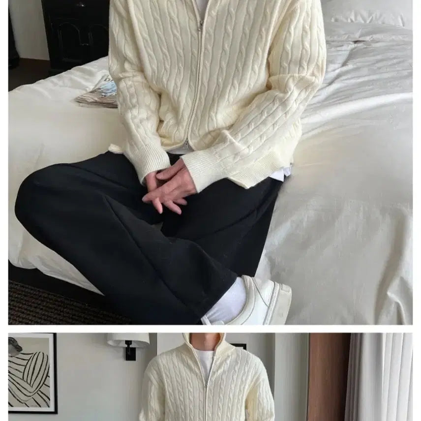 [BUNJANG] Twisted Knit Zip-Up Cardigan / 1+1 회색 , 크림색 꽈배기 니트 집업 가디건