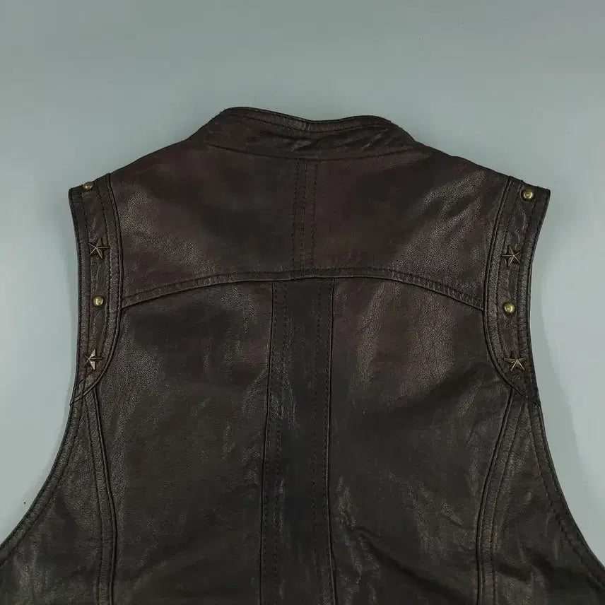 [BUNJANG] Vintage Aging Brown Asymmetrical Vest / 빈티지 에이징 브라운 언발란스 백신치 징 펑크 램스킨 양가죽 가죽조끼 가