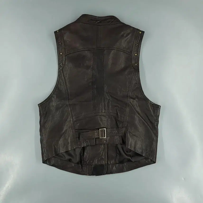 [BUNJANG] Vintage Aging Brown Asymmetrical Vest / 빈티지 에이징 브라운 언발란스 백신치 징 펑크 램스킨 양가죽 가죽조끼 가