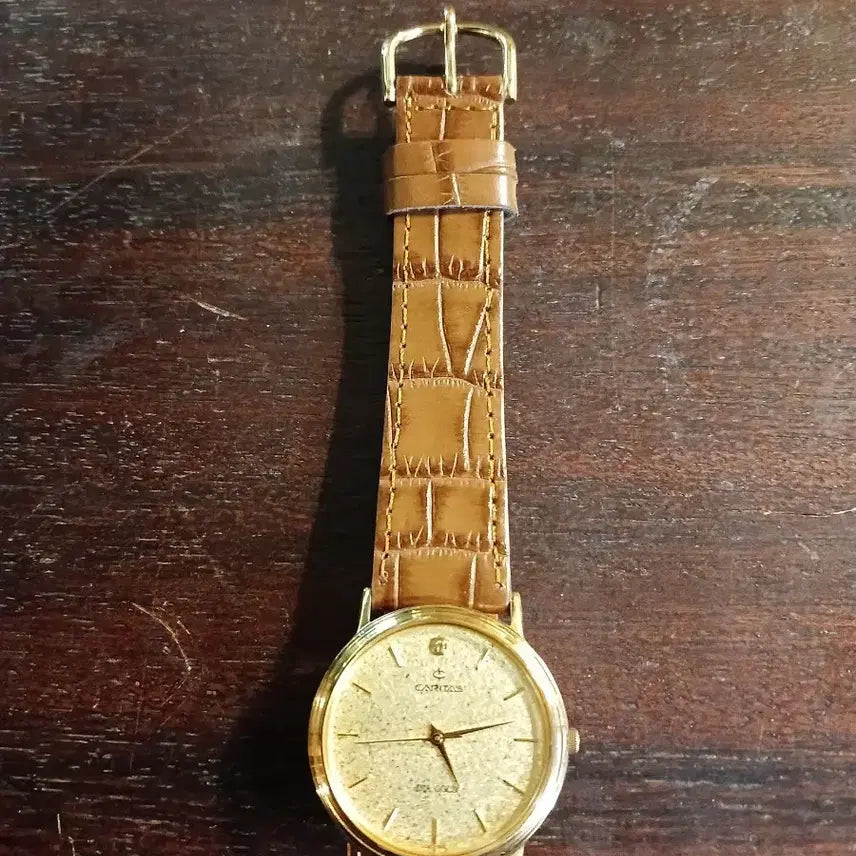 [BUNJANG] CARITAS Gold Bezel Leather Watch / 카리타스 CARITAS 금장 베젤 용두18K 가죽 손목시계