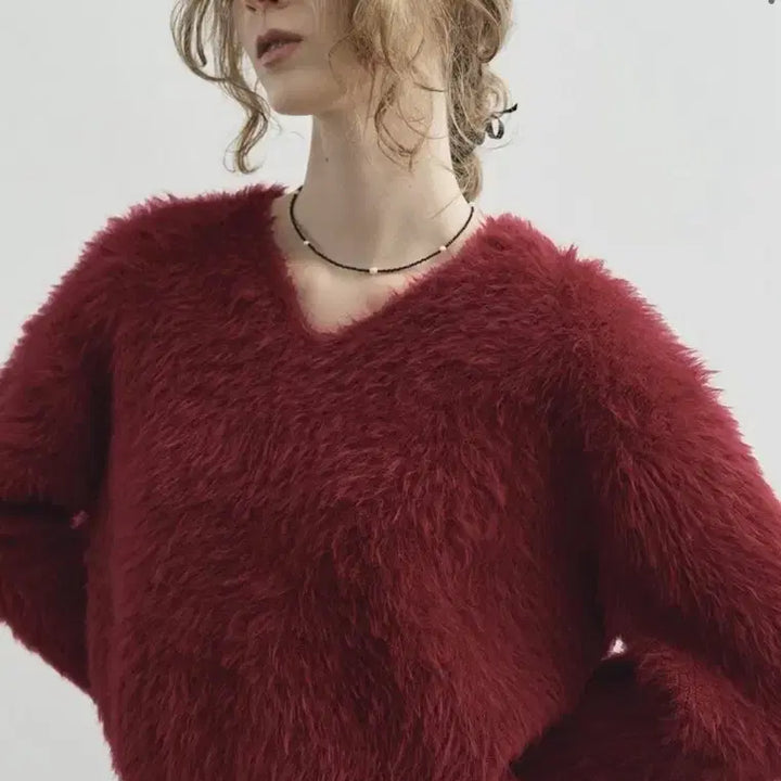 [BUNJANG] Mongdol Hairly Angora Knit Red / 몽돌 헤어리 앙고라 니트 레드