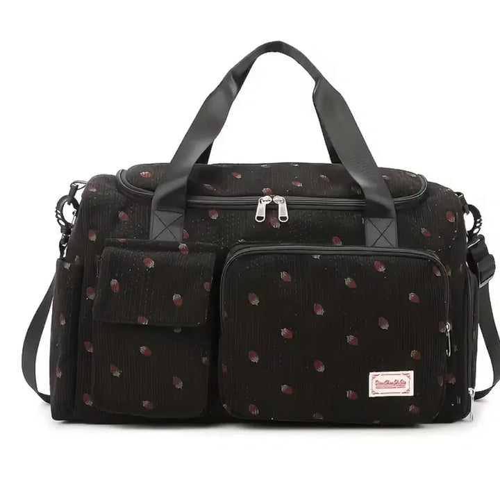 [BUNJANG] Unsealed Black Corduroy Strawberry Pattern Boston Bag / 미개봉 블랙 코듀로이 딸기무늬 보스턴백