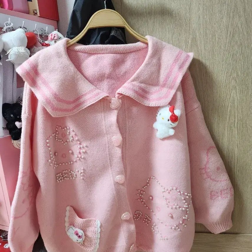 [BUNJANG] Hello Kitty Pink Pearl Sailor Cardigan / 헬로키티 핑크 진주 세일러 가디건