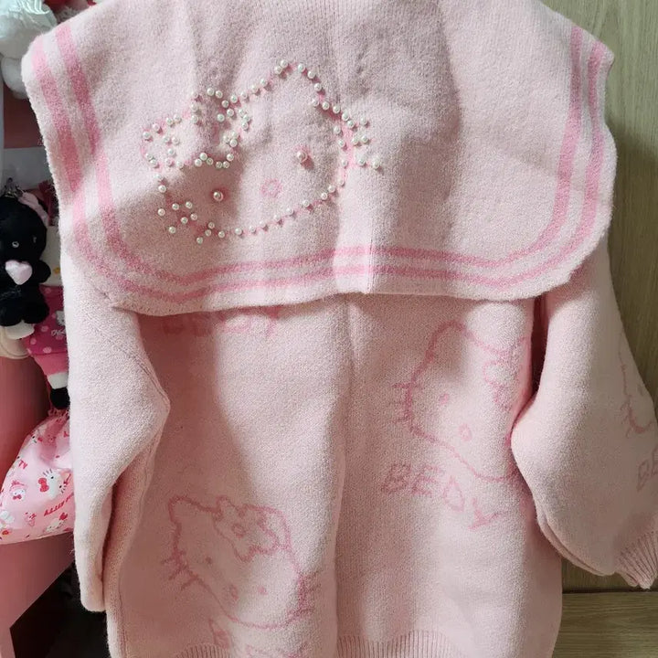 [BUNJANG] Hello Kitty Pink Pearl Sailor Cardigan / 헬로키티 핑크 진주 세일러 가디건
