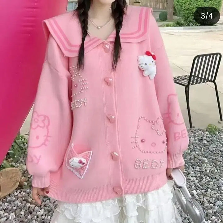 [BUNJANG] Hello Kitty Pink Pearl Sailor Cardigan / 헬로키티 핑크 진주 세일러 가디건