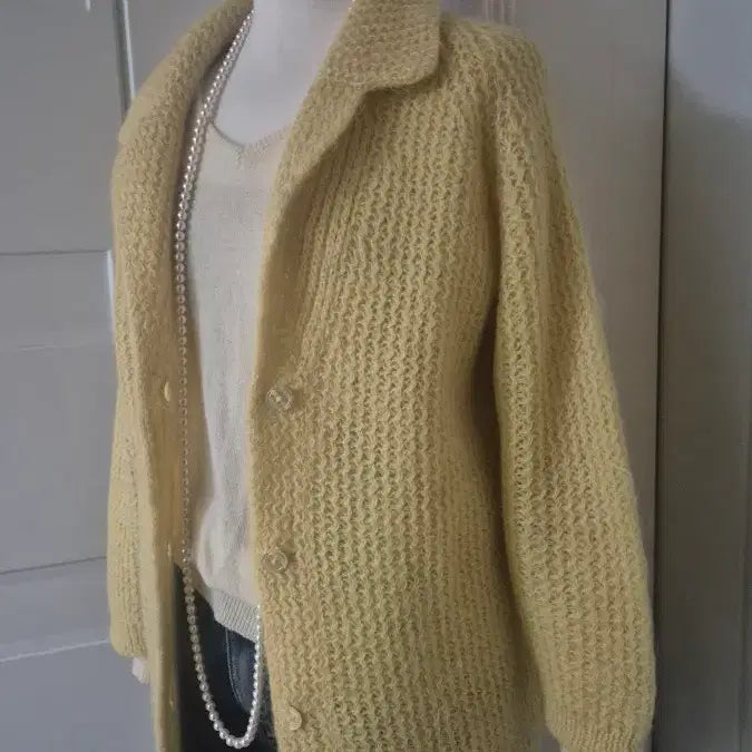 [BUNJANG] Yellow Cable Knit Mohair Cardigan Jacket / 노란색 꽈배기 모헤어 니트 가디건 자켓
