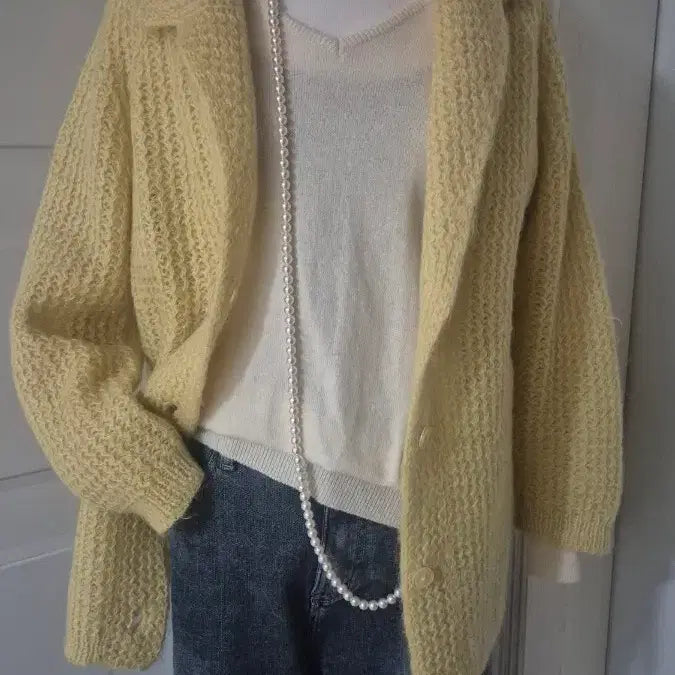 [BUNJANG] Yellow Cable Knit Mohair Cardigan Jacket / 노란색 꽈배기 모헤어 니트 가디건 자켓