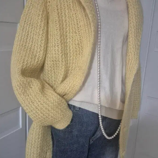 [BUNJANG] Yellow Cable Knit Mohair Cardigan Jacket / 노란색 꽈배기 모헤어 니트 가디건 자켓