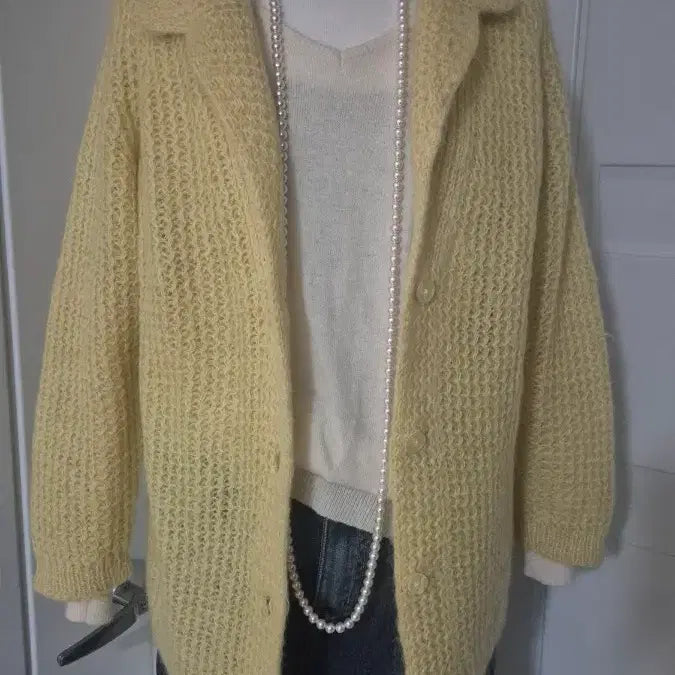 [BUNJANG] Yellow Cable Knit Mohair Cardigan Jacket / 노란색 꽈배기 모헤어 니트 가디건 자켓