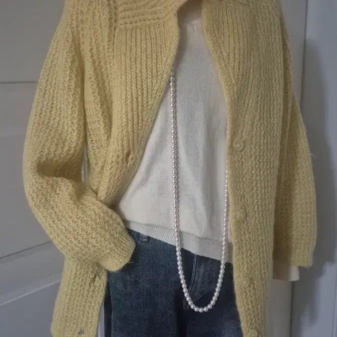 [BUNJANG] Yellow Cable Knit Mohair Cardigan Jacket / 노란색 꽈배기 모헤어 니트 가디건 자켓