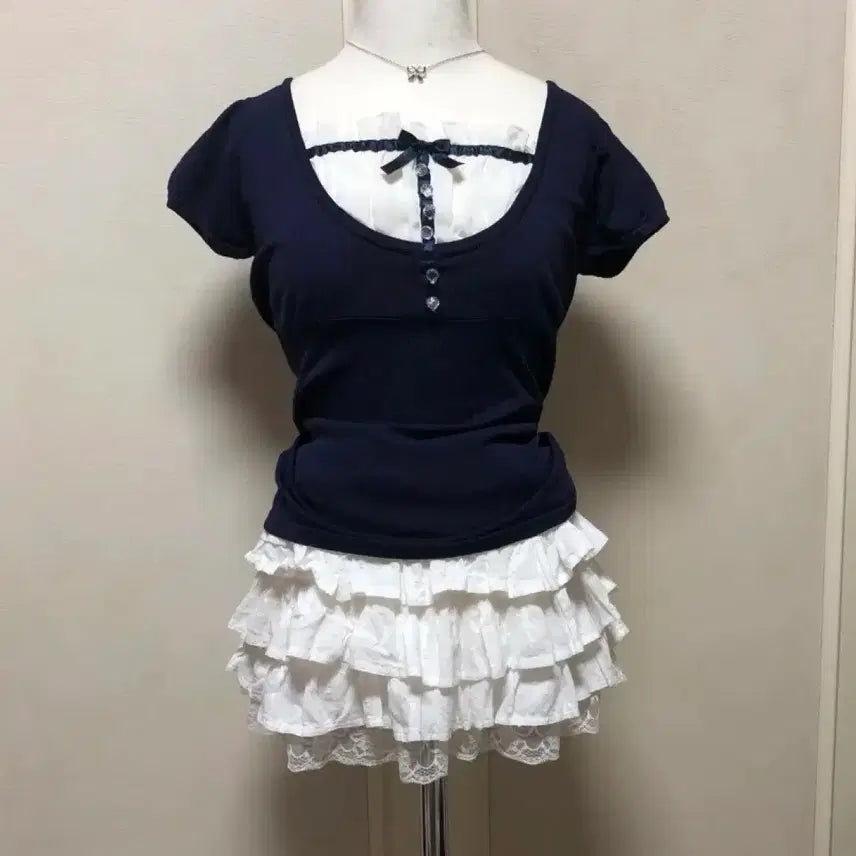 [BUNJANG] Navy Ribbed Crop Top / 급전) 네이비 갸루 리본 반팔 로걀탑 대장템