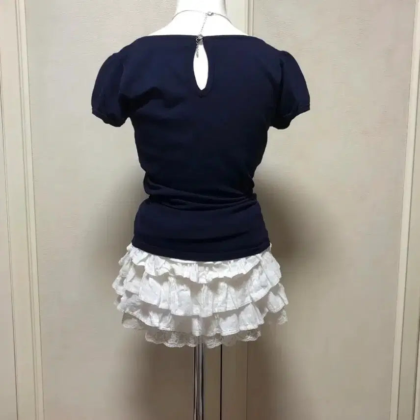 [BUNJANG] Navy Ribbed Crop Top / 급전) 네이비 갸루 리본 반팔 로걀탑 대장템