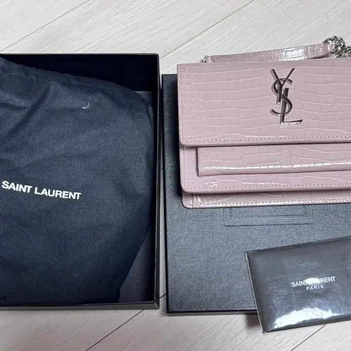 [BUNJANG] Saint Laurent Sunset Mini Croc Embossed Shoulder Bag / 생로랑 선셋 미니 크로커 엠보 연핑크 실버체인 풀박 보증서 유 최상급