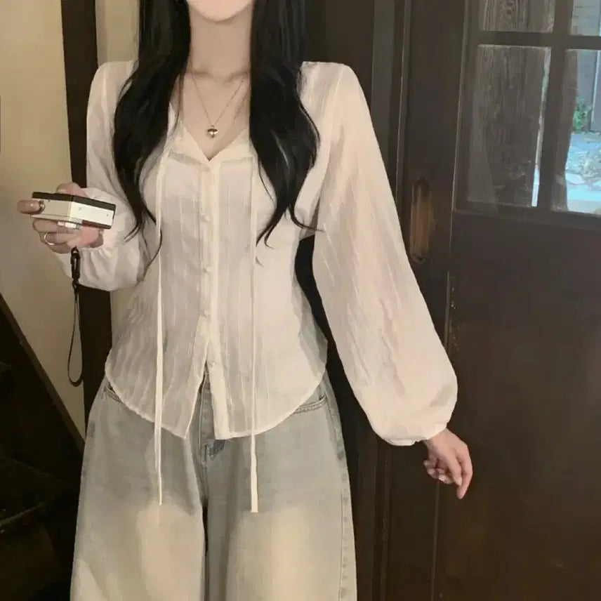 [BUNJANG] White See-Through Blouse / 화이트 시스루 블라우스 하객룩아뜨랑스98도씨히니크베이델리리얼코코베니토