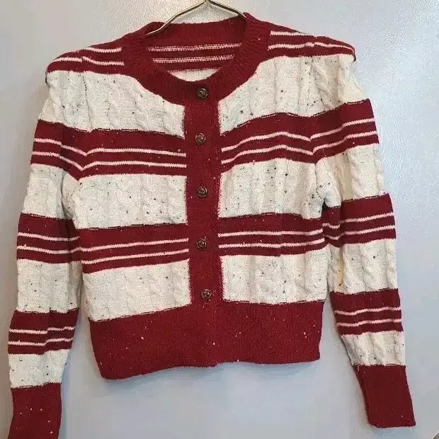 [BUNJANG] Striped Cable Knit Cardigan Red / 줄무늬 케이블 니트 가디건 레드 프리 새옷