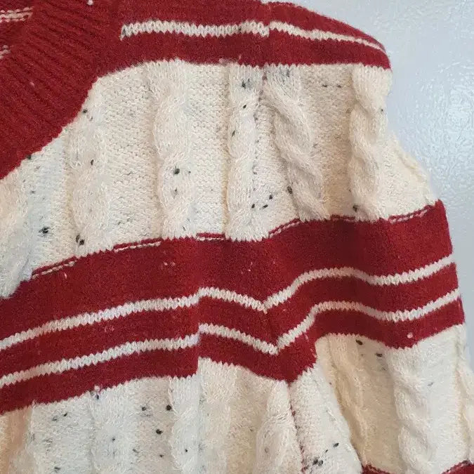[BUNJANG] Striped Cable Knit Cardigan Red / 줄무늬 케이블 니트 가디건 레드 프리 새옷