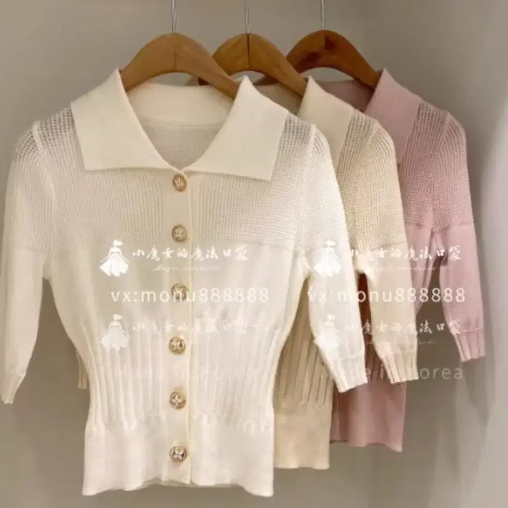 [BUNJANG] Imported Knit Cardigan / 카라넥 골지 니트 가디건 핑크/베이지/화이트 수입의류 수입가디건 수입니트