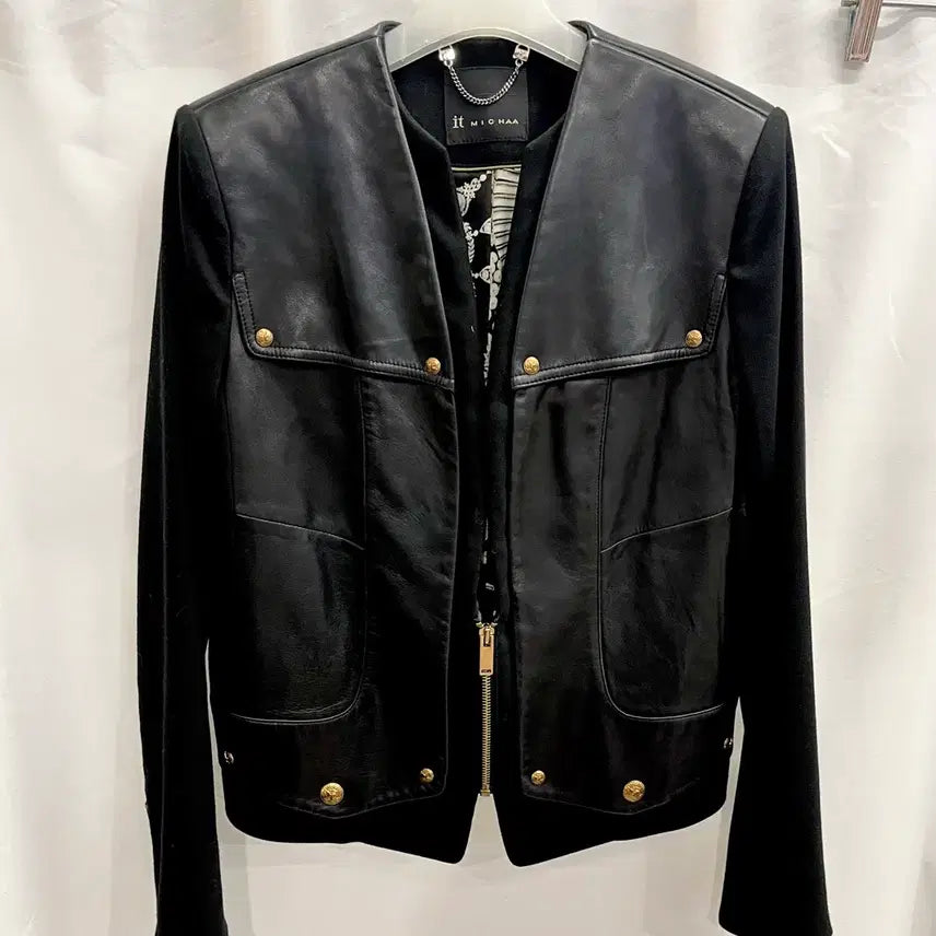 [BUNJANG] It MICHAA Black Leather Jacket 55 / 잇미샤 블랙 가죽 배색 자켓 55