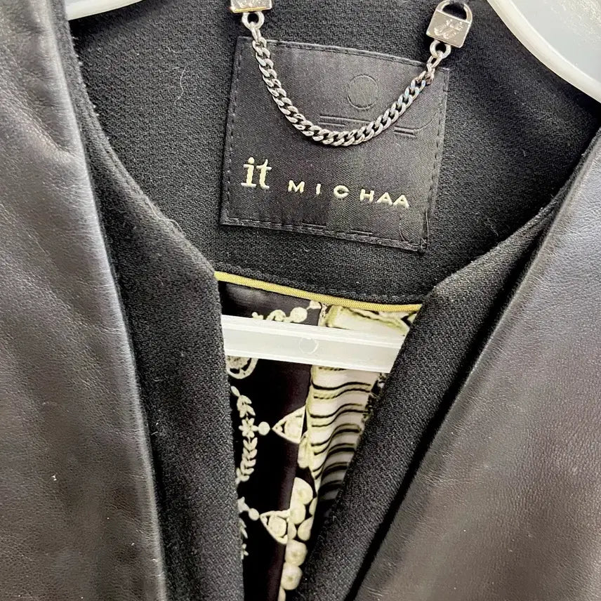 [BUNJANG] It MICHAA Black Leather Jacket 55 / 잇미샤 블랙 가죽 배색 자켓 55