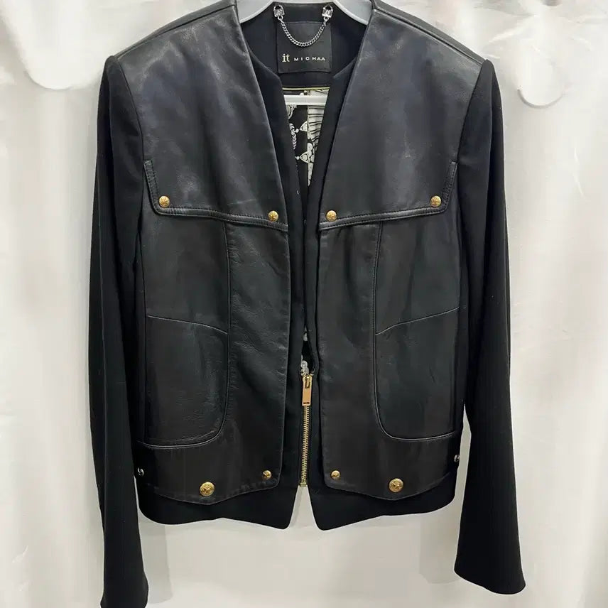 [BUNJANG] It MICHAA Black Leather Jacket 55 / 잇미샤 블랙 가죽 배색 자켓 55