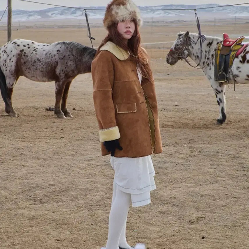 [BUNJANG] Freckle Round-Collar Midi Shearling Coat / 증정+택포)A타입 라운드카라 미디 시어링코트 프레클