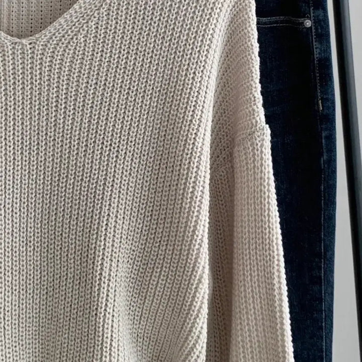 [BUNJANG] Romi Pastel V-Neck Crop Knit Sweater Oatmeal / 로미 파스텔 루즈핏 브이넥 크롭 니트 오트밀 색상