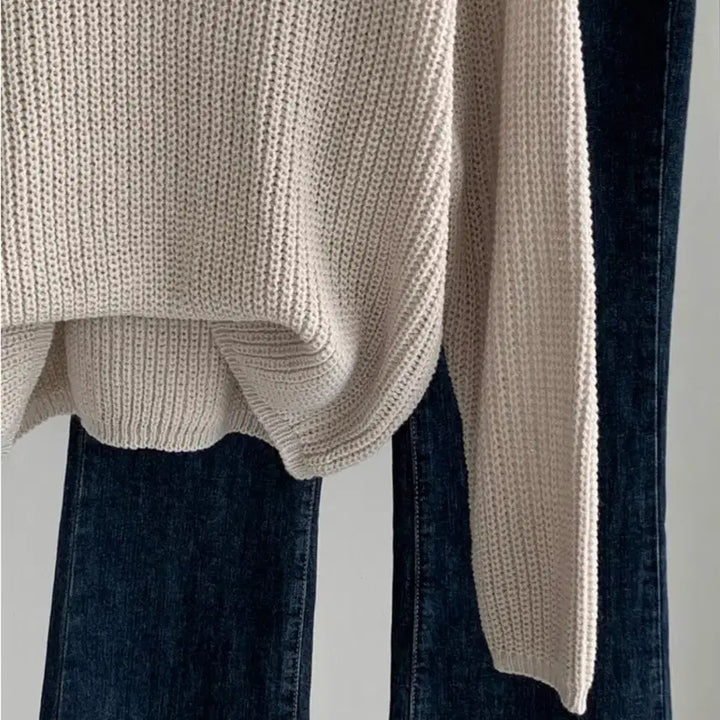[BUNJANG] Romi Pastel V-Neck Crop Knit Sweater Oatmeal / 로미 파스텔 루즈핏 브이넥 크롭 니트 오트밀 색상