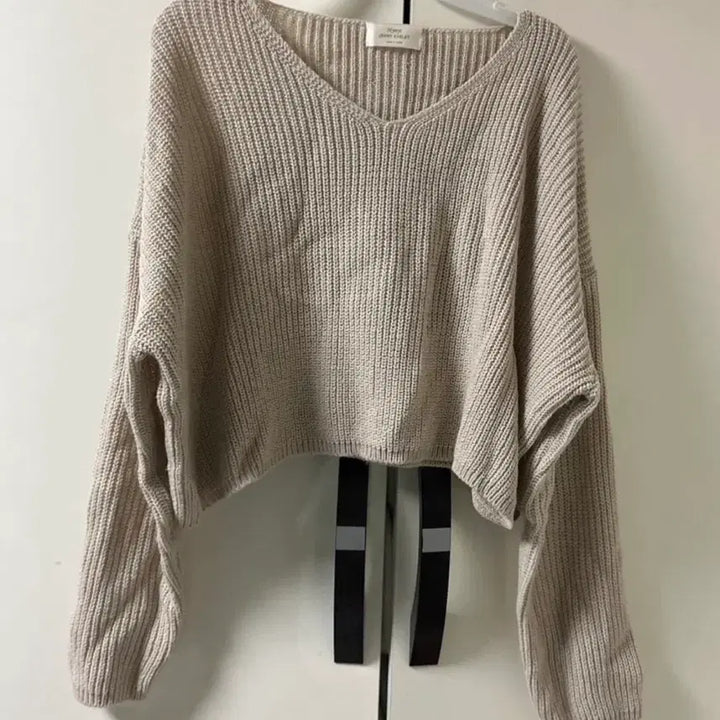 [BUNJANG] Romi Pastel V-Neck Crop Knit Sweater Oatmeal / 로미 파스텔 루즈핏 브이넥 크롭 니트 오트밀 색상