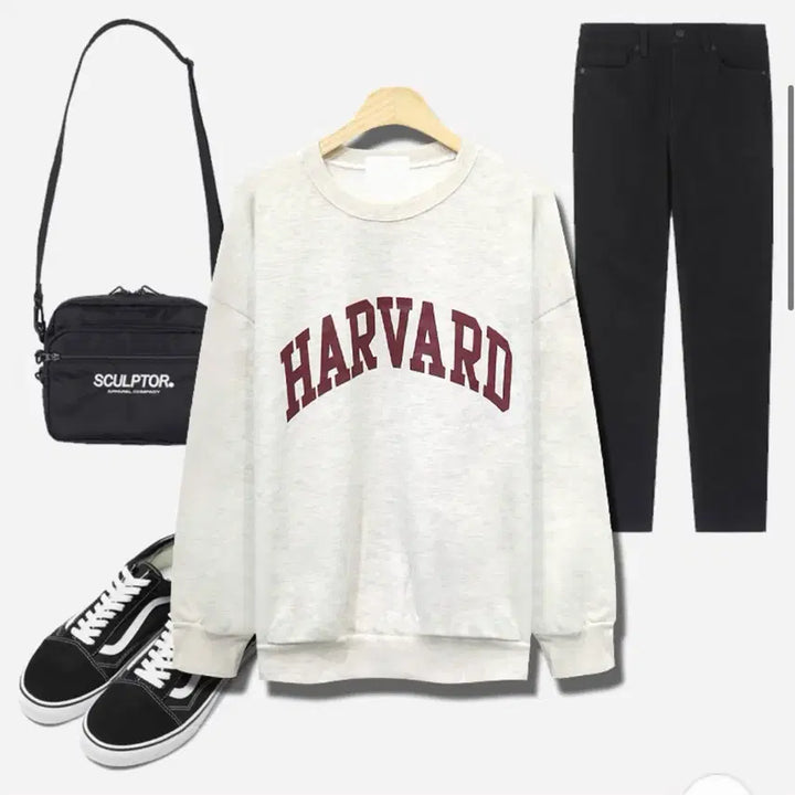 [BUNJANG] Harvard Oatmeal Oversized Fit Sweatshirt / 하버드 로고 오트밀 오버핏 맨투맨 프리사이즈