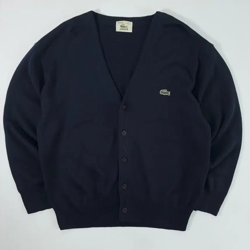 [BUNJANG] Lacoste Embroidered Navy V-Neck Knit Cardigan / Lacoste  라코스테 자수 네이비 브이넥 니트가디건