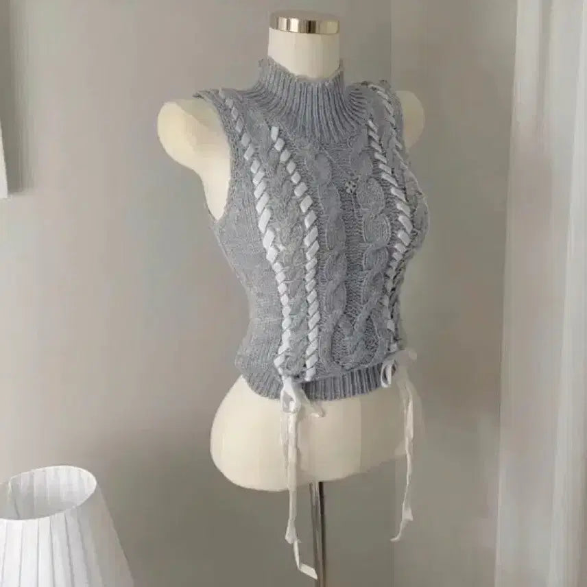 [BUNJANG] Cable Knit Vest Gray with Ribbon / 케이블 니트 조끼 그레이 리본 ( 새상품 )