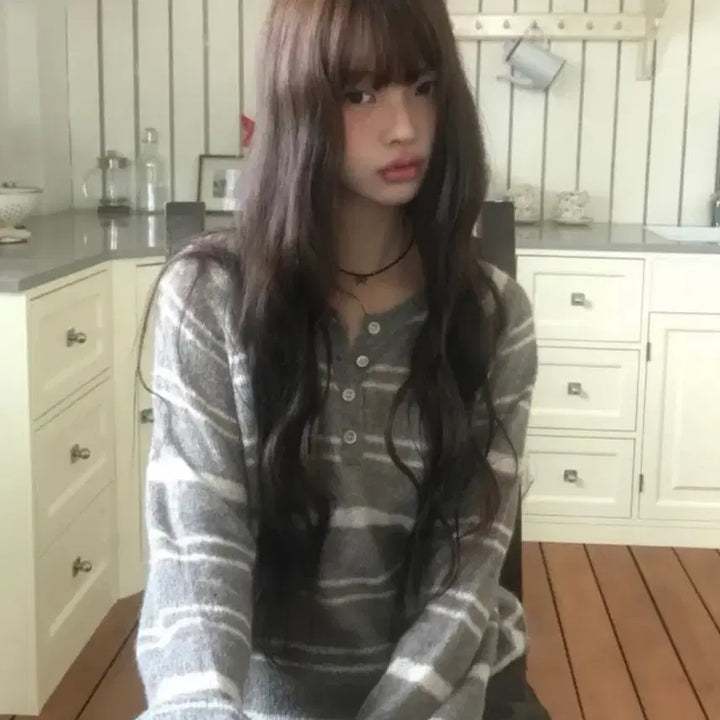 [BUNJANG] To.Be Striped Alpaca Wool Knit / 유색 [알파카울/여리핏] 투비 단가라 버튼 알파카 울 니트