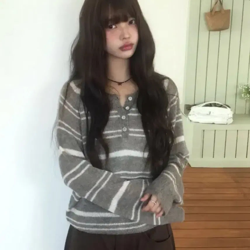 [BUNJANG] To.Be Striped Alpaca Wool Knit / 유색 [알파카울/여리핏] 투비 단가라 버튼 알파카 울 니트