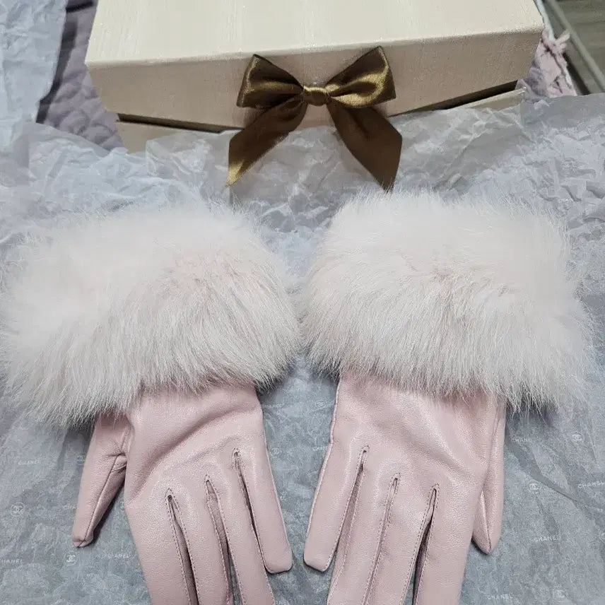 [BUNJANG] Pink Leather Fur Gloves / 핑크 가죽 퍼 장갑