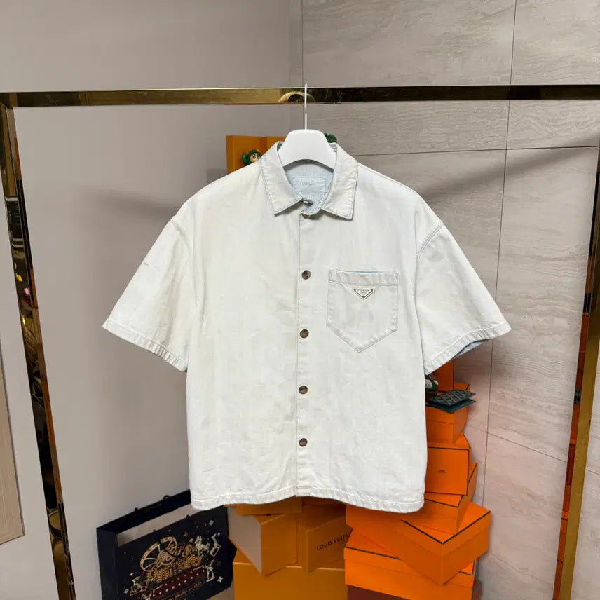 [BUNJANG] Prada Denim Short Sleeve Shirt / [L사이즈]프라다 삼각로고 데님 반팔 셔츠