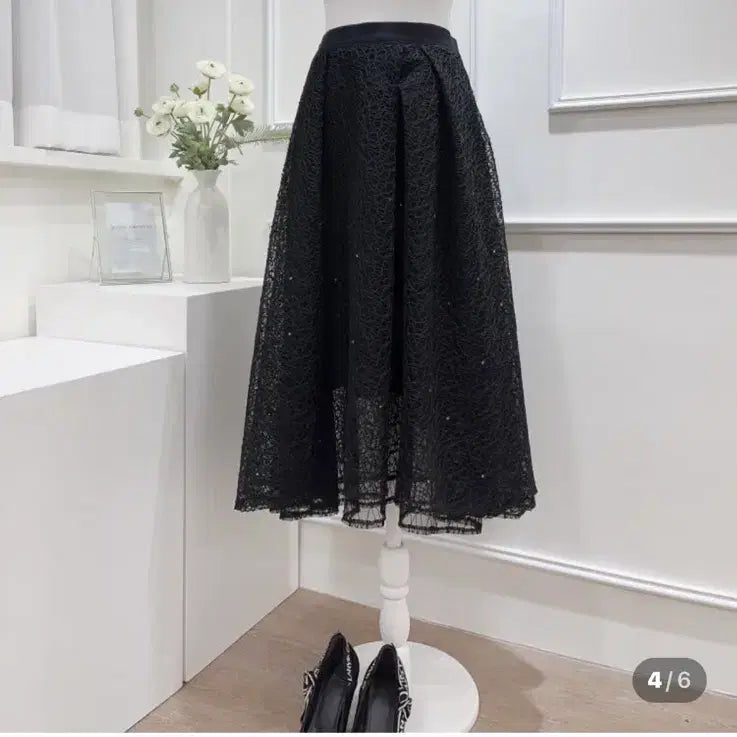 [BUNJANG] Cubic Lace Double Layered Skirt - Black S Size / 큐빅 레이스 2중 샤스커트 하객룩 s 사이즈 새상품 허리밴딩