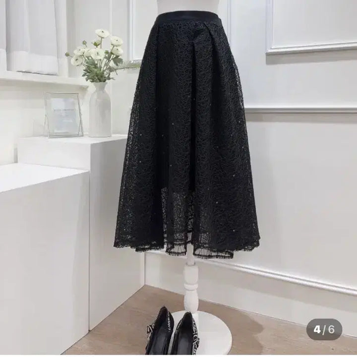 [BUNJANG] Cubic Lace Double Layered Skirt - Black S Size / 큐빅 레이스 2중 샤스커트 하객룩 s 사이즈 새상품 허리밴딩