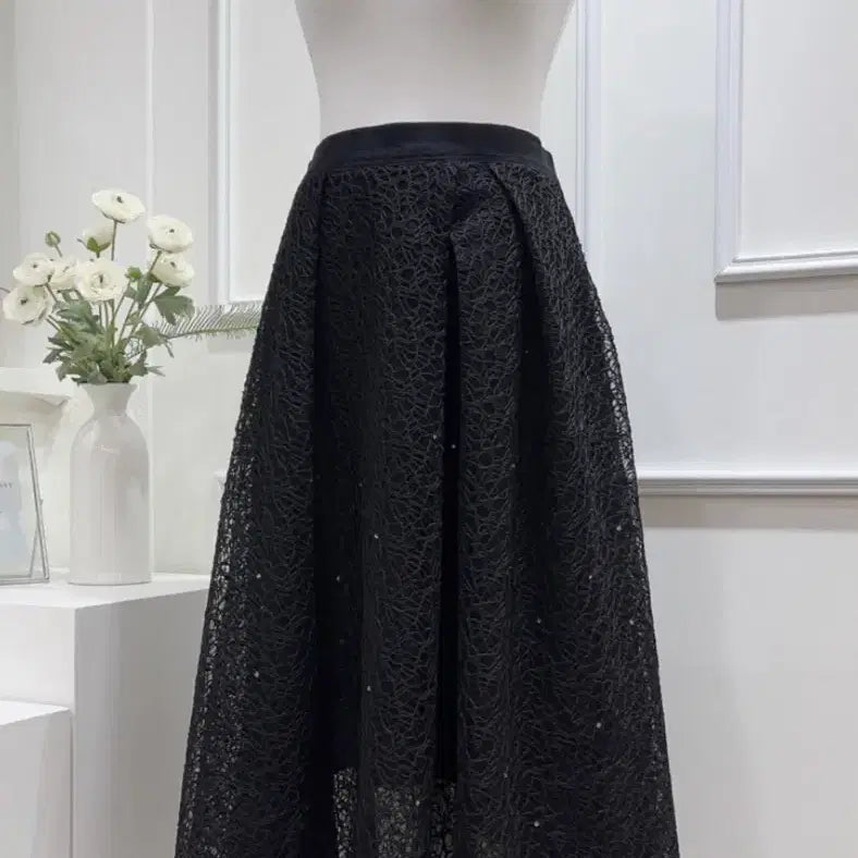 [BUNJANG] Cubic Lace Double Layered Skirt - Black S Size / 큐빅 레이스 2중 샤스커트 하객룩 s 사이즈 새상품 허리밴딩