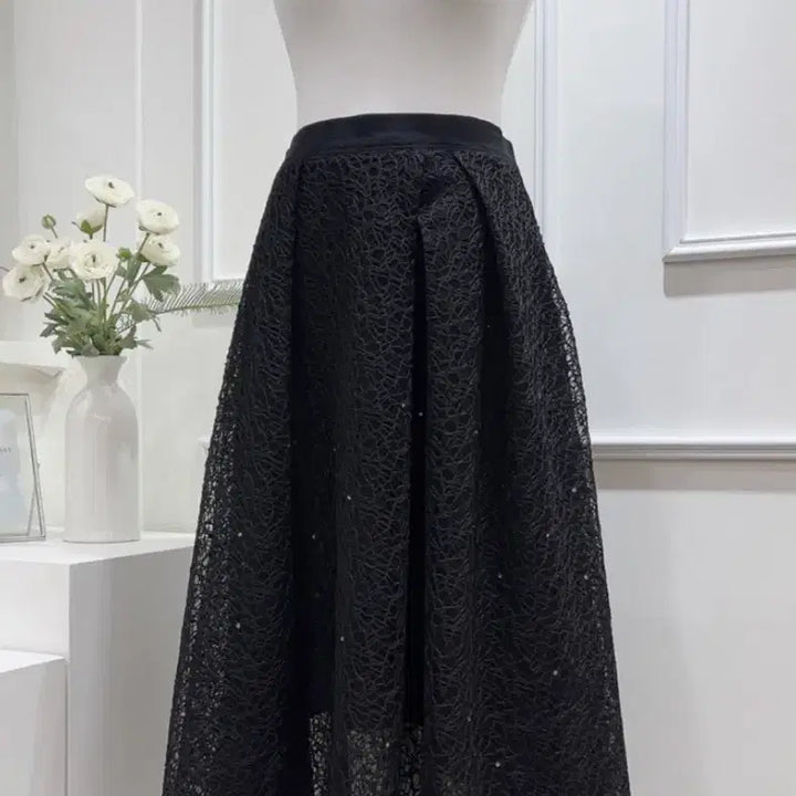 [BUNJANG] Cubic Lace Double Layered Skirt - Black S Size / 큐빅 레이스 2중 샤스커트 하객룩 s 사이즈 새상품 허리밴딩