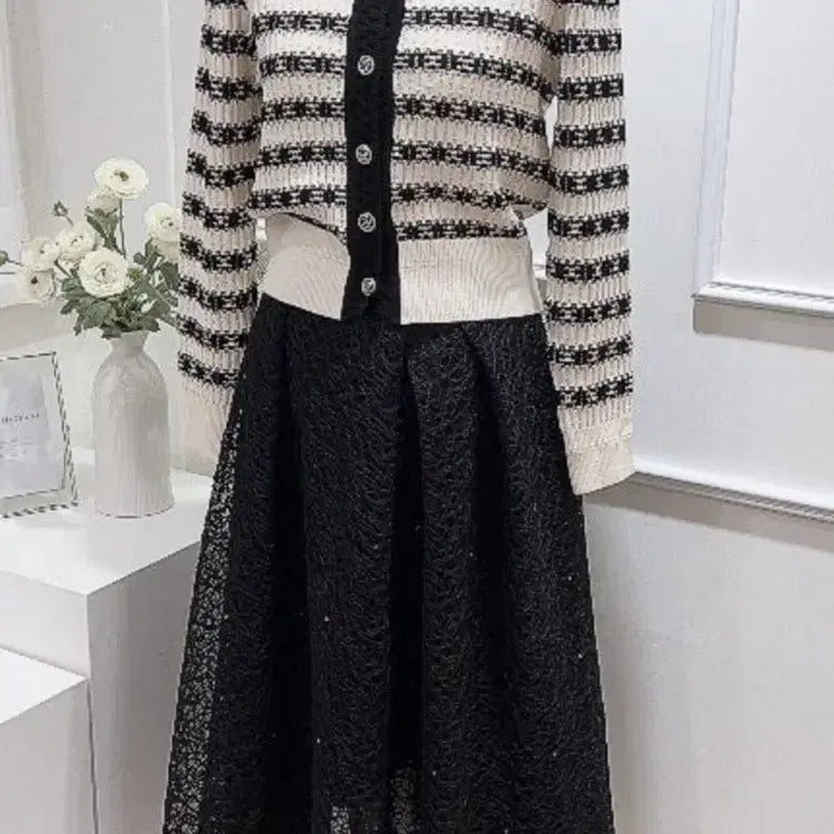 [BUNJANG] Cubic Lace Double Layered Skirt - Black S Size / 큐빅 레이스 2중 샤스커트 하객룩 s 사이즈 새상품 허리밴딩