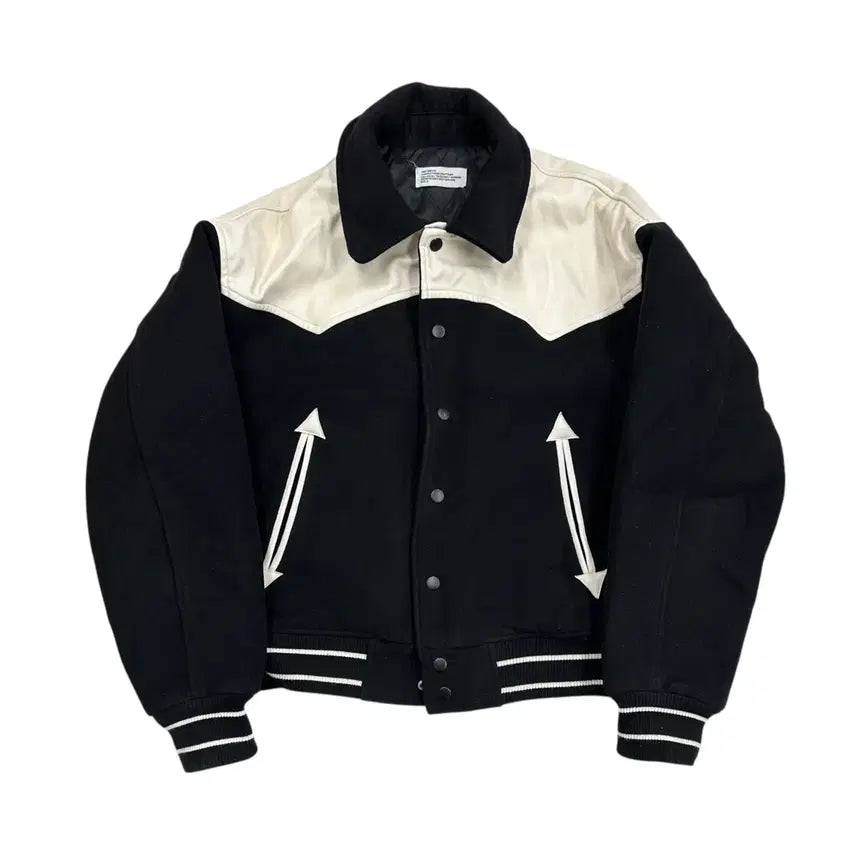 [BUNJANG] Partimento Black Wool Leather Stadium Jacket / 파르티멘토 블랙 울 레더 배색 스타디움 자켓