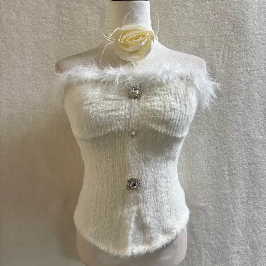 [BUNJANG] White Fur Choker Crop Top / 화이트 퍼 초커 크롭나시 크롭탑