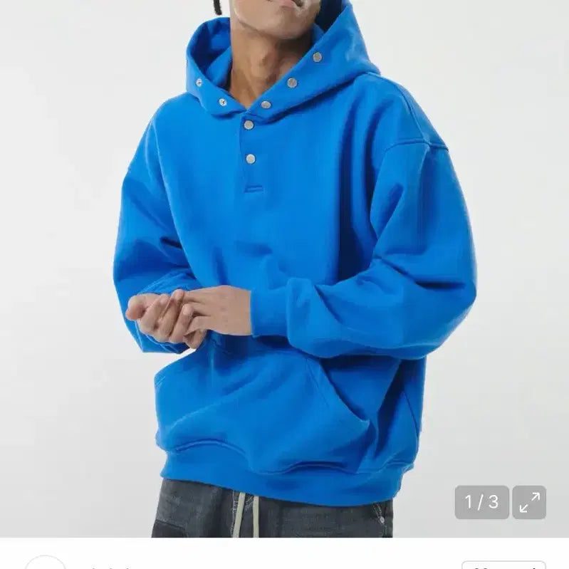 [BUNJANG] Attentionrow Snap Button Oversized Hoodie Blue / [1] 어텐션로우 스냅 버튼 오버핏 후드티 블루