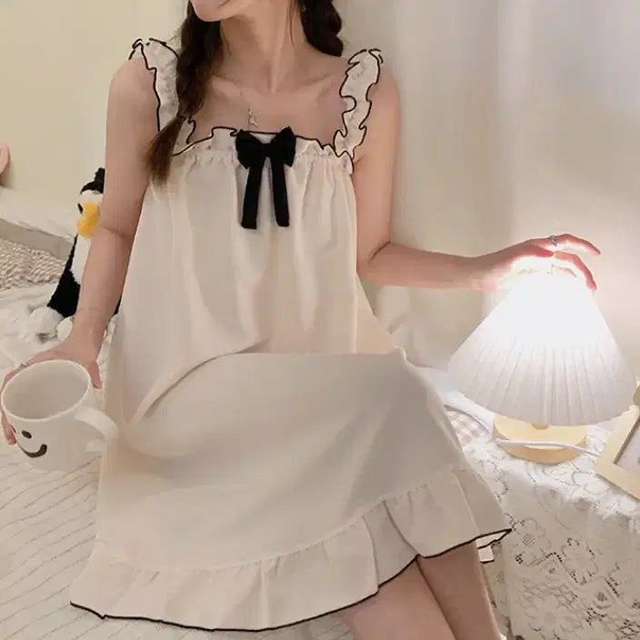 [BUNJANG] Solid Color Sweet Ribbon Sleeveless Dress Pajamas / 면사 단색 스위트 리본 나시 원피스 잠옷