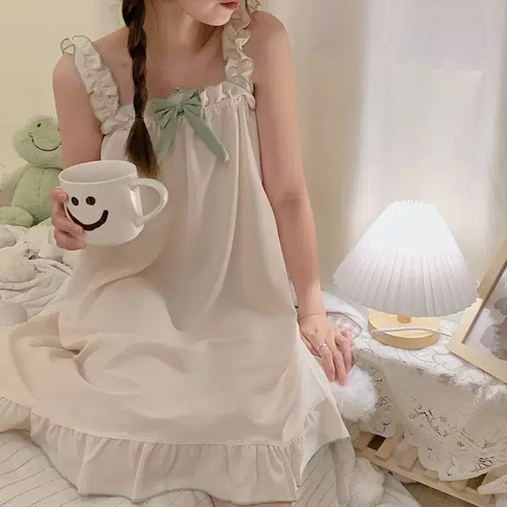 [BUNJANG] Solid Color Sweet Ribbon Sleeveless Dress Pajamas / 면사 단색 스위트 리본 나시 원피스 잠옷