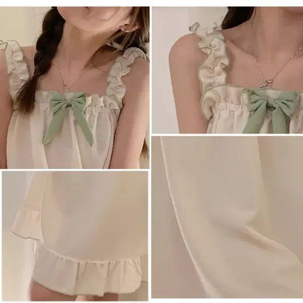 [BUNJANG] Solid Color Sweet Ribbon Sleeveless Dress Pajamas / 면사 단색 스위트 리본 나시 원피스 잠옷
