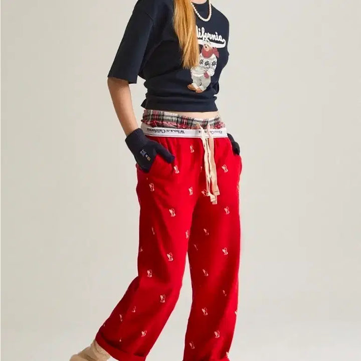 [BUNJANG] Who.A.U California Red Pajama Pants / 후아유 캘리포니아 레드 파자마 바지 잠옷 로브 커플 신혼