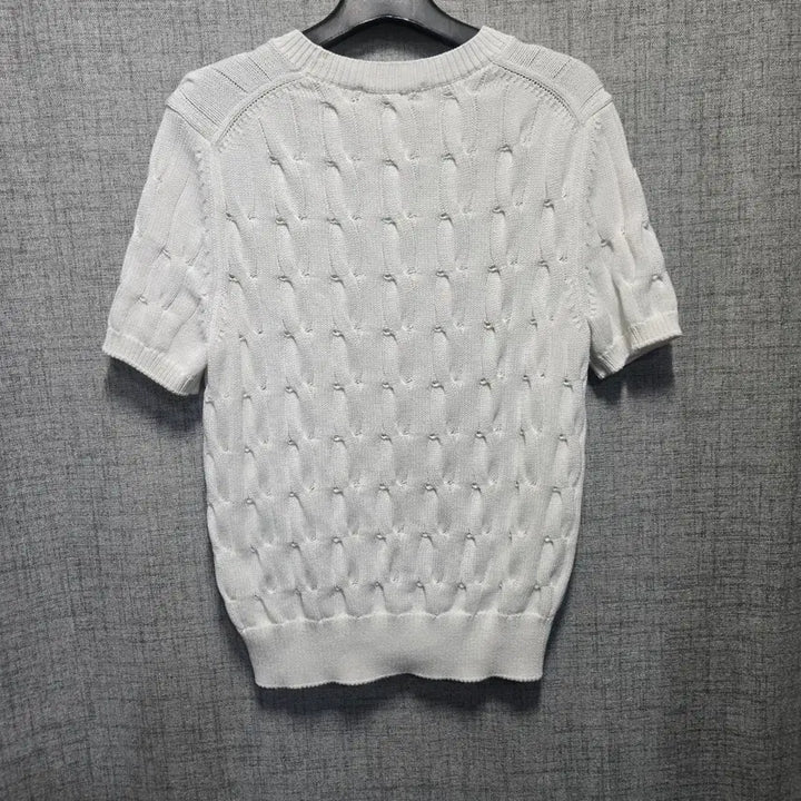 [BUNJANG] Hazzys White Cable Knit Top / 헤지스 화이트 케이블 반팔 니트