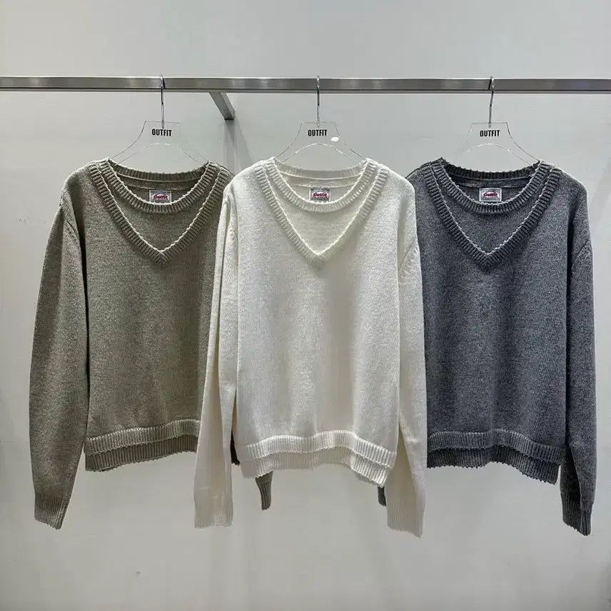 [BUNJANG] Outfit Double-Layer V-neck Knit Gray / 아웃핏 두겹니트 그레이