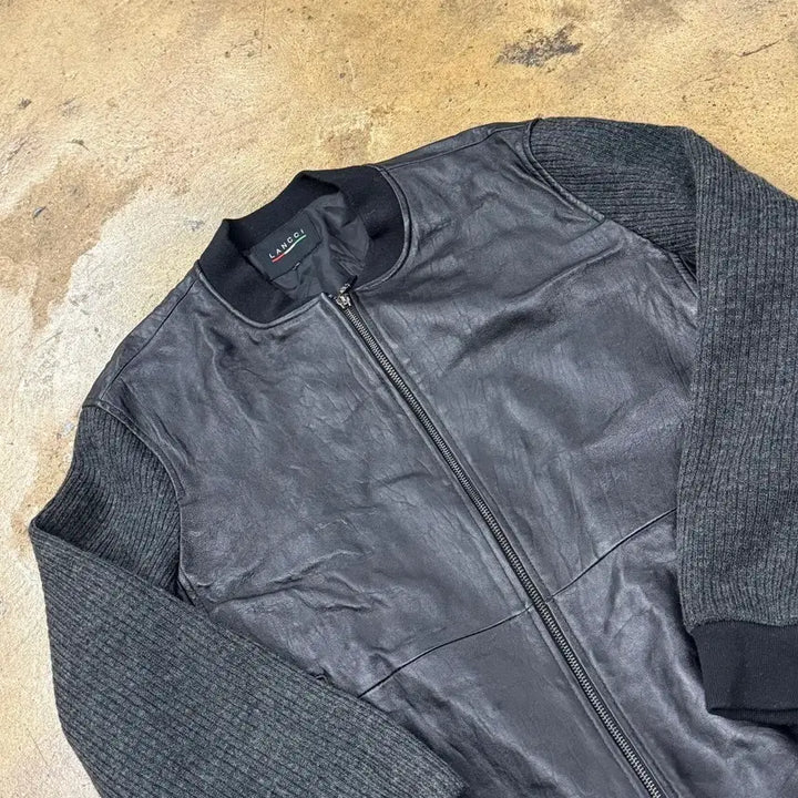 [BUNJANG] LANCCI Leather Knit Color Block Jumper / [정품] LANCCI 란찌 가죽 니트 배색 점퍼
